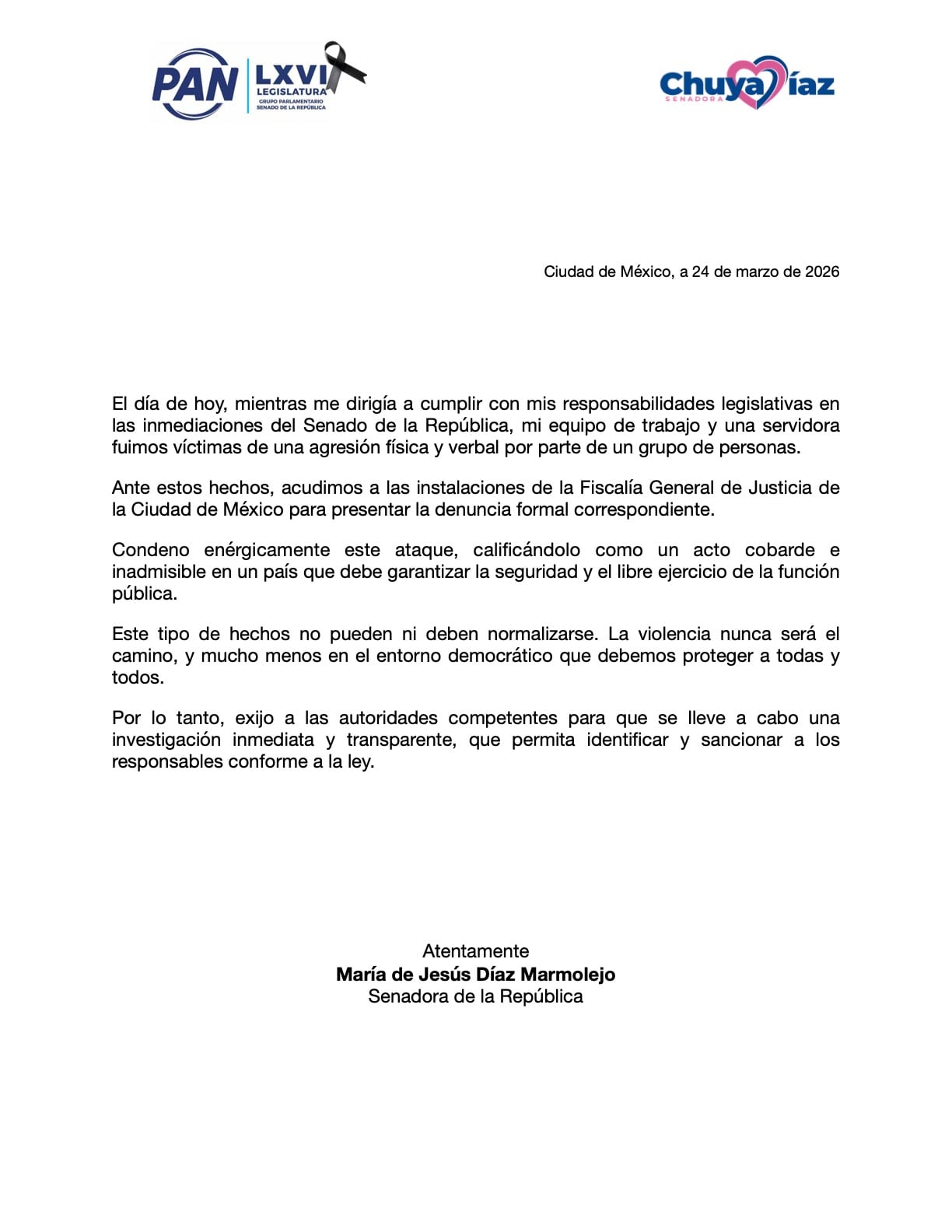 Senadora Díaz Marmolejo denuncia agresión cerca del Senado y acude a la FGR