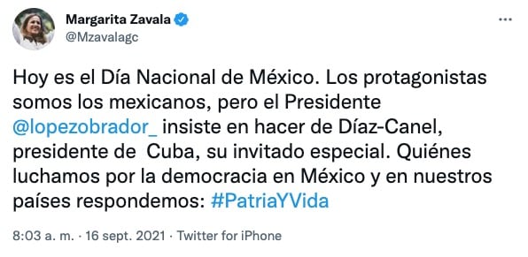 Tuit de Margarita Zavala