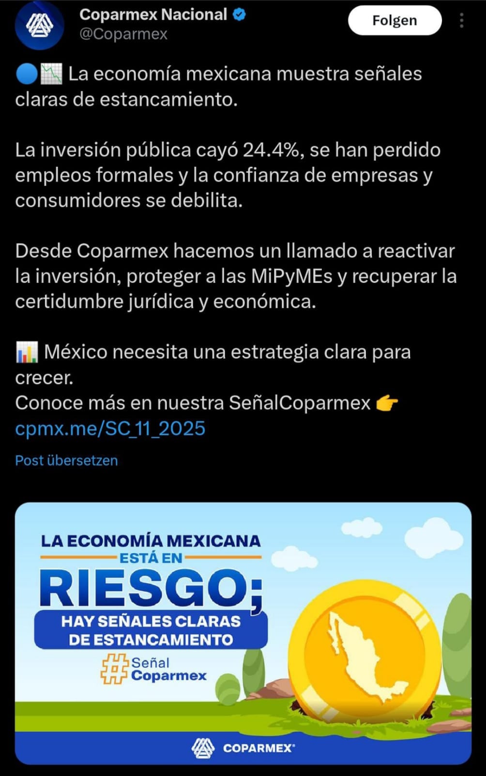 Coparmex señala estancamiento en la economía mexicana.