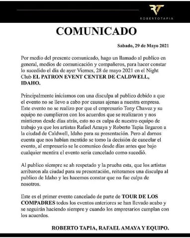 Comunicado Roberto Tapia