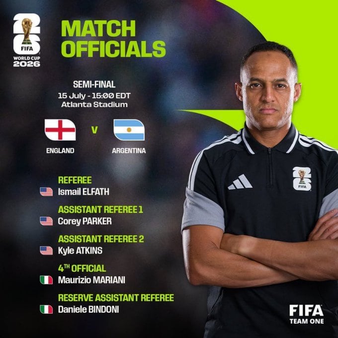 Inglaterra vs Argentina ya tiene árbitro: Ismail Elfath dirigirá la semifinal del Mundial 2026.