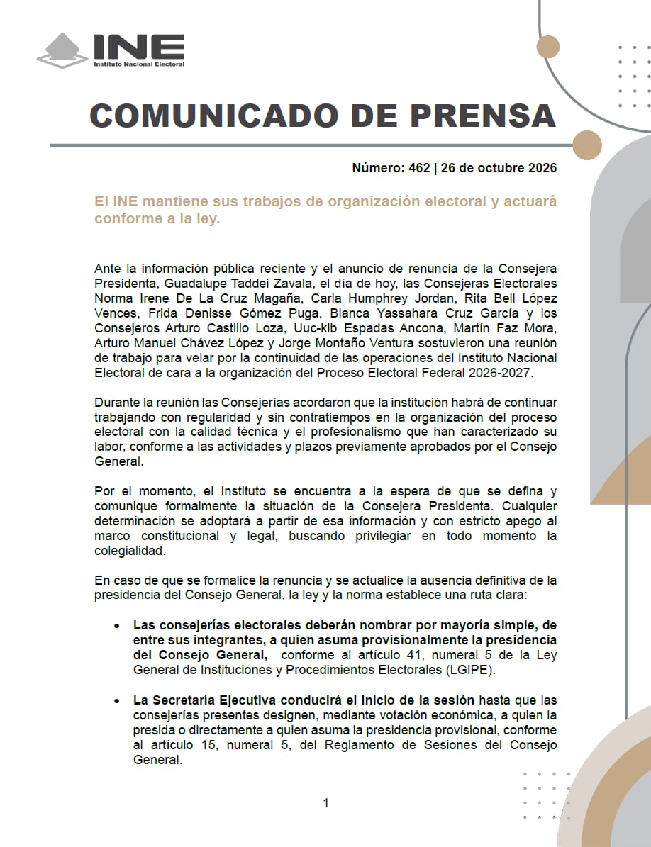 Consejeros del INE garantizan continuidad operativa tras renuncia de Taddei