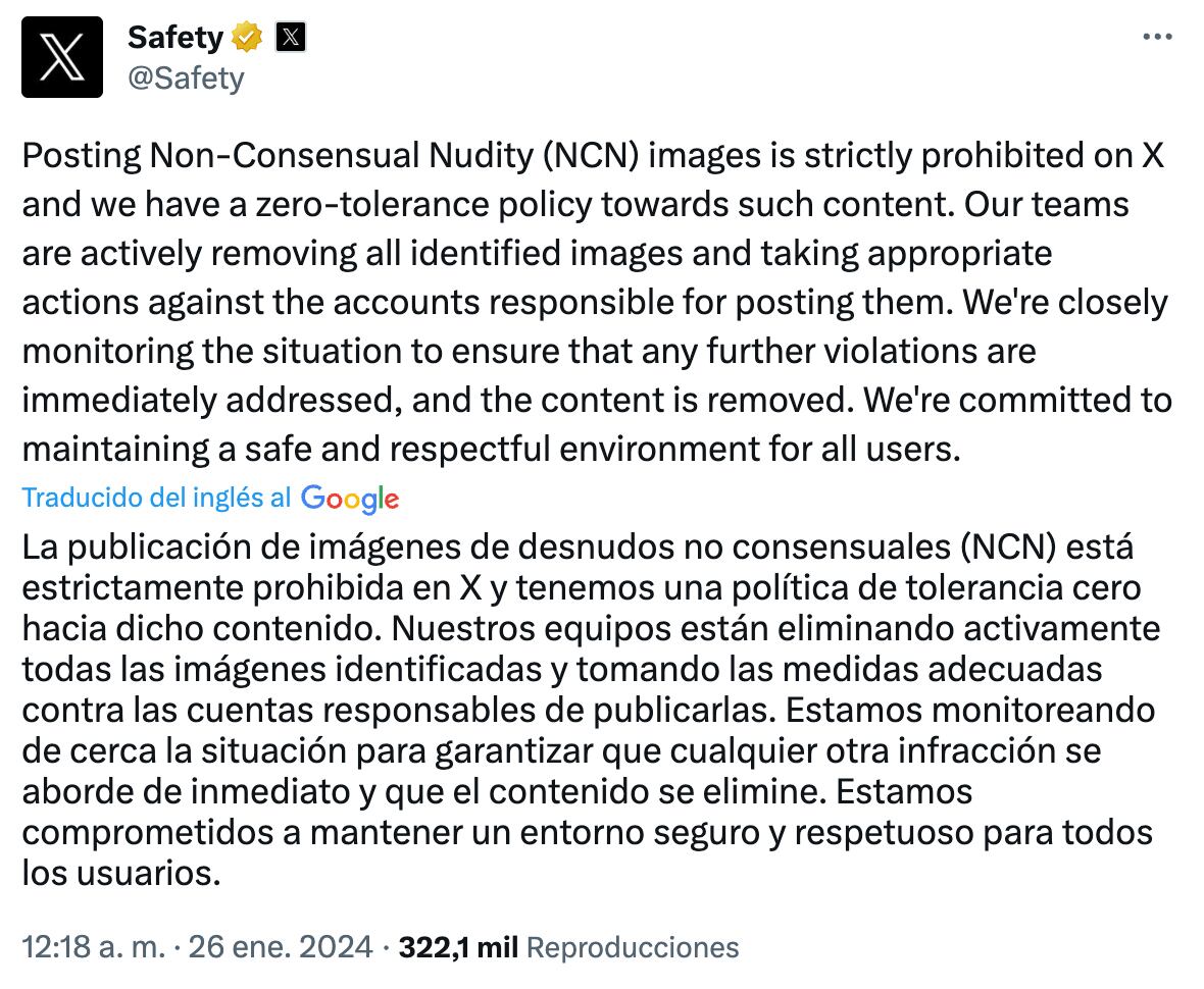 Comunicado de Twitter sobre Taylor Swift vs IA