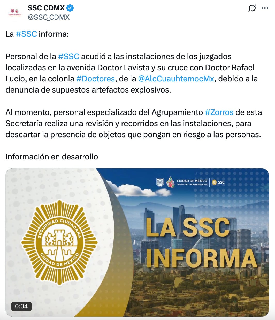 Amenaza de bomba en Juzgados de CDMX, obliga a evacuar al personal