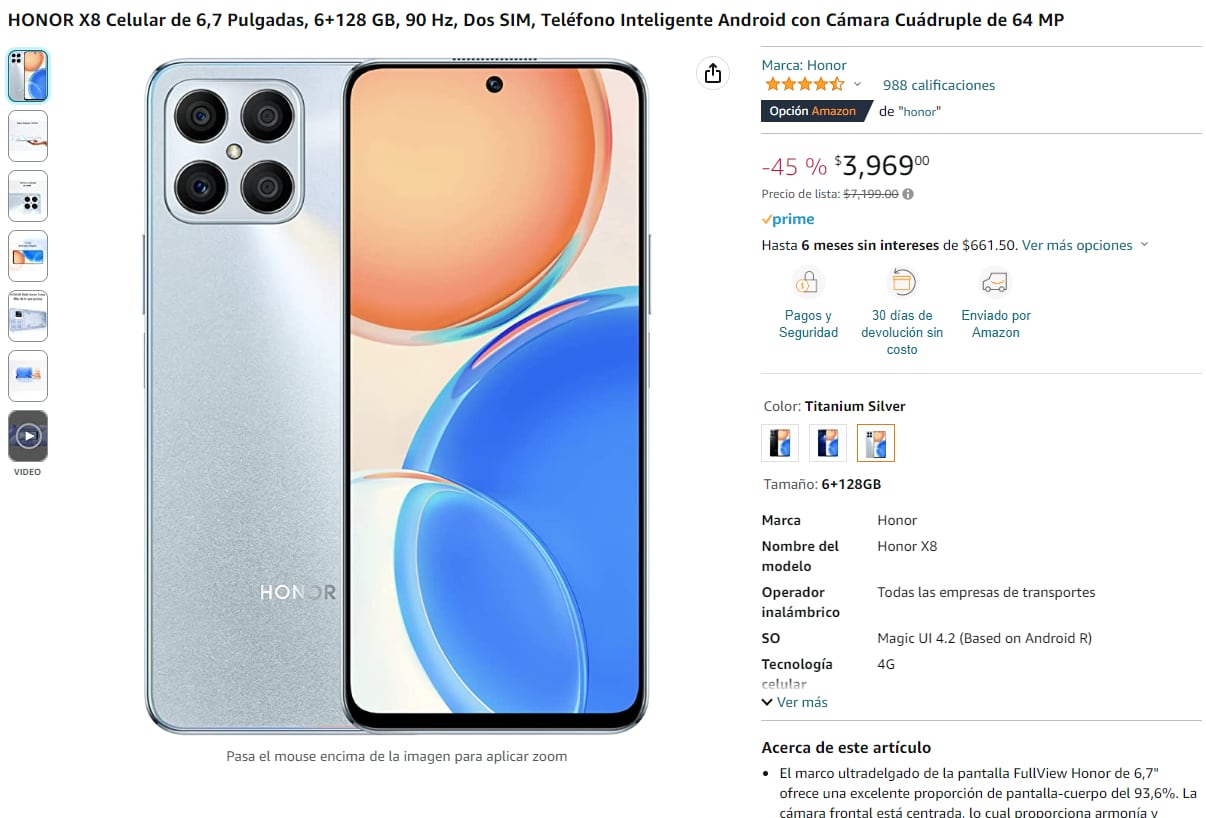 Honor X8, smartphone que se puede comprar en Amazon