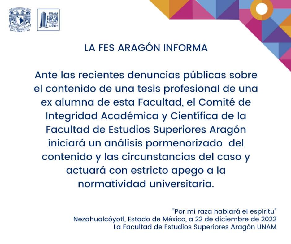 Comunicado FES Aragón sobre presunto plagio de tesis de ministra Yasmín Esquivel Mossa