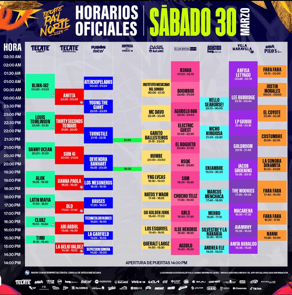 Horario Oficial de Tecate Pal Norte 2024 para el sábado 30 de marzo