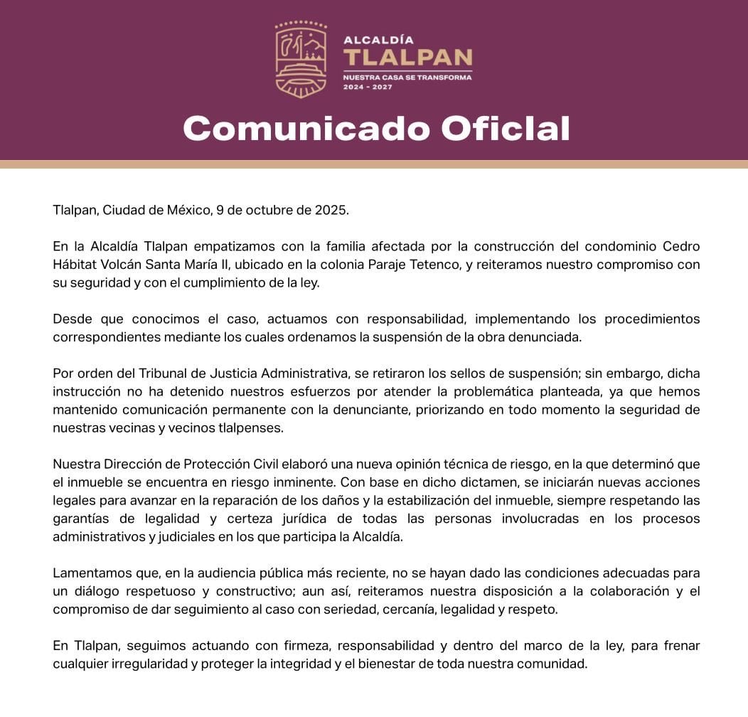 Alcaldía Tlalpan confirma “riesgo inminente”