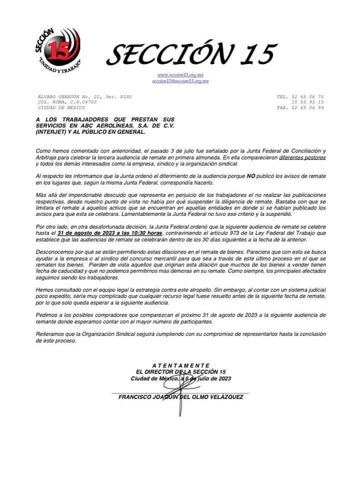 El remate de bienes de la aerolínea Interjet fue postergado por la JFCA