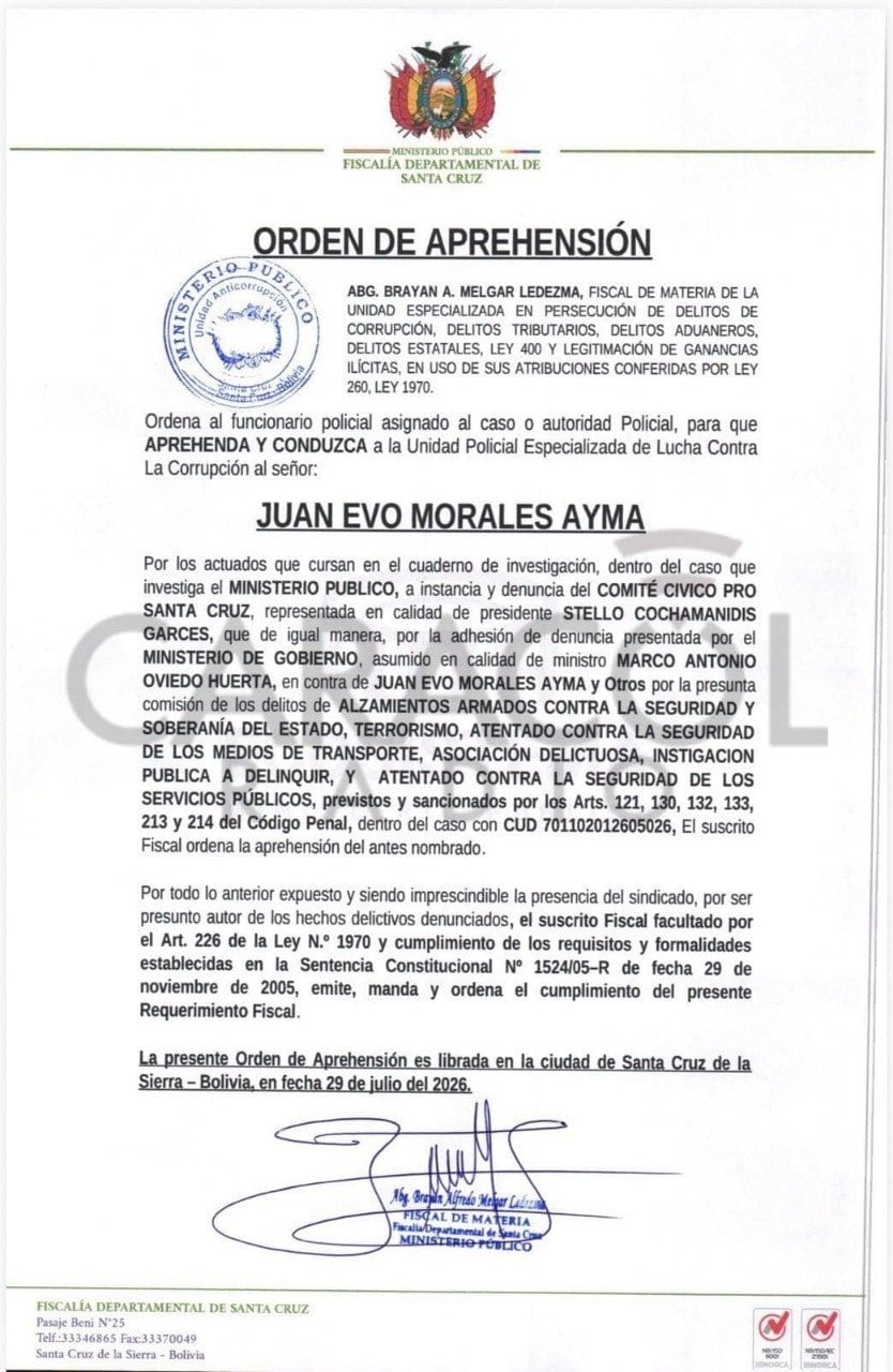 Bolivia ordena la aprehensión de Evo Morales