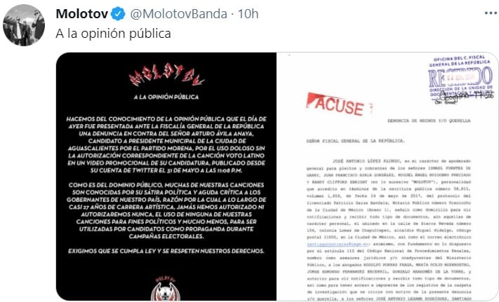 Molotov presenta denuncia contra Morena