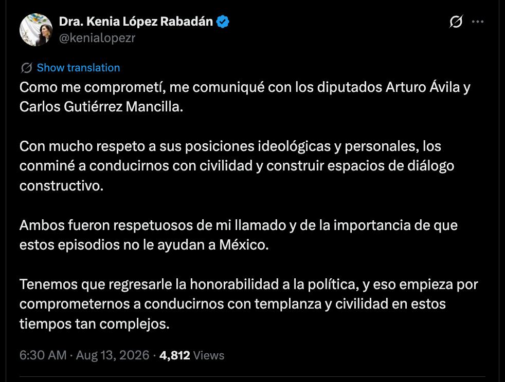 López Rabadán llamó a devolver la honorabilidad a la política y actuar con templanza