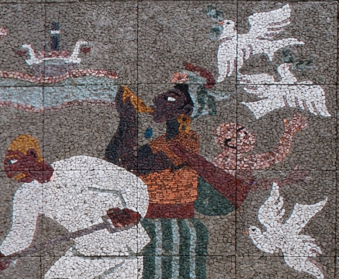 Mujer maya tocando el caracol (¿o tomando algo?); murales SCOP.