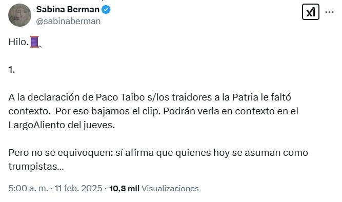 Sabina Berman defiende entrevista con Paco Ignacio Taibo II donde pide fusilamiento para mexicanos que apoyen a Donald Trump