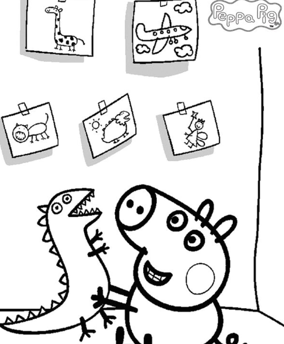 George con su dinosaurio en su cuarto de Día del Niño