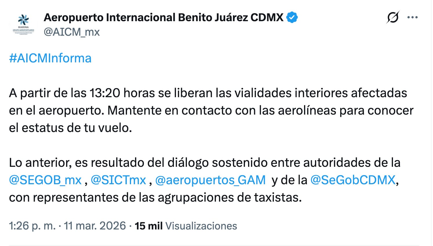 Taxistas liberan accesos de AICM tras acuerdo con autoridades