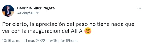Experta señala que la cotización del peso frente al dólar no es por el AIFA, pero no explica porque sí/Twitter