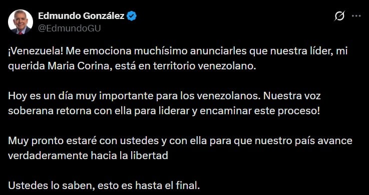 Edmundo González reacciona al regreso de María Corina Machado