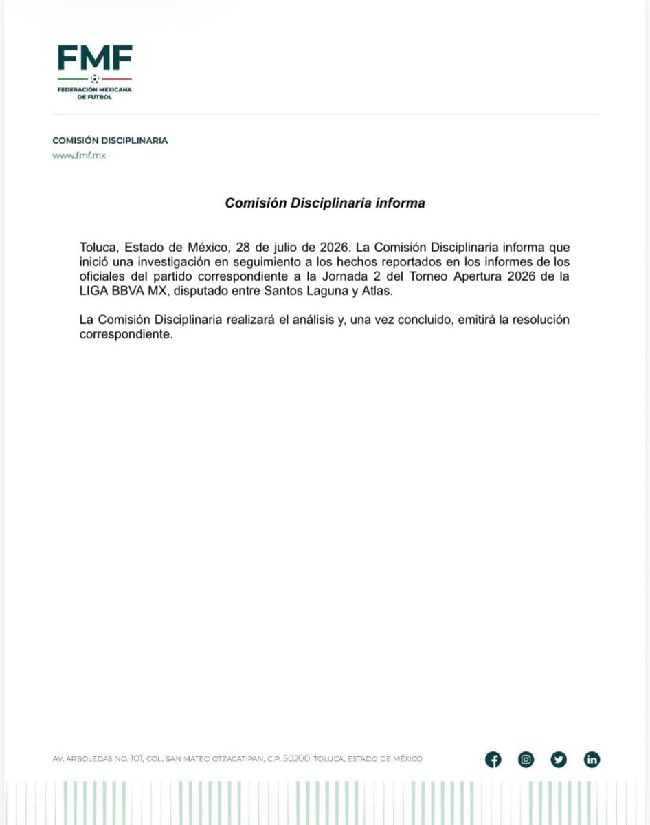 FMF abre investigación por presunto espionaje en el Santos vs Atlas.