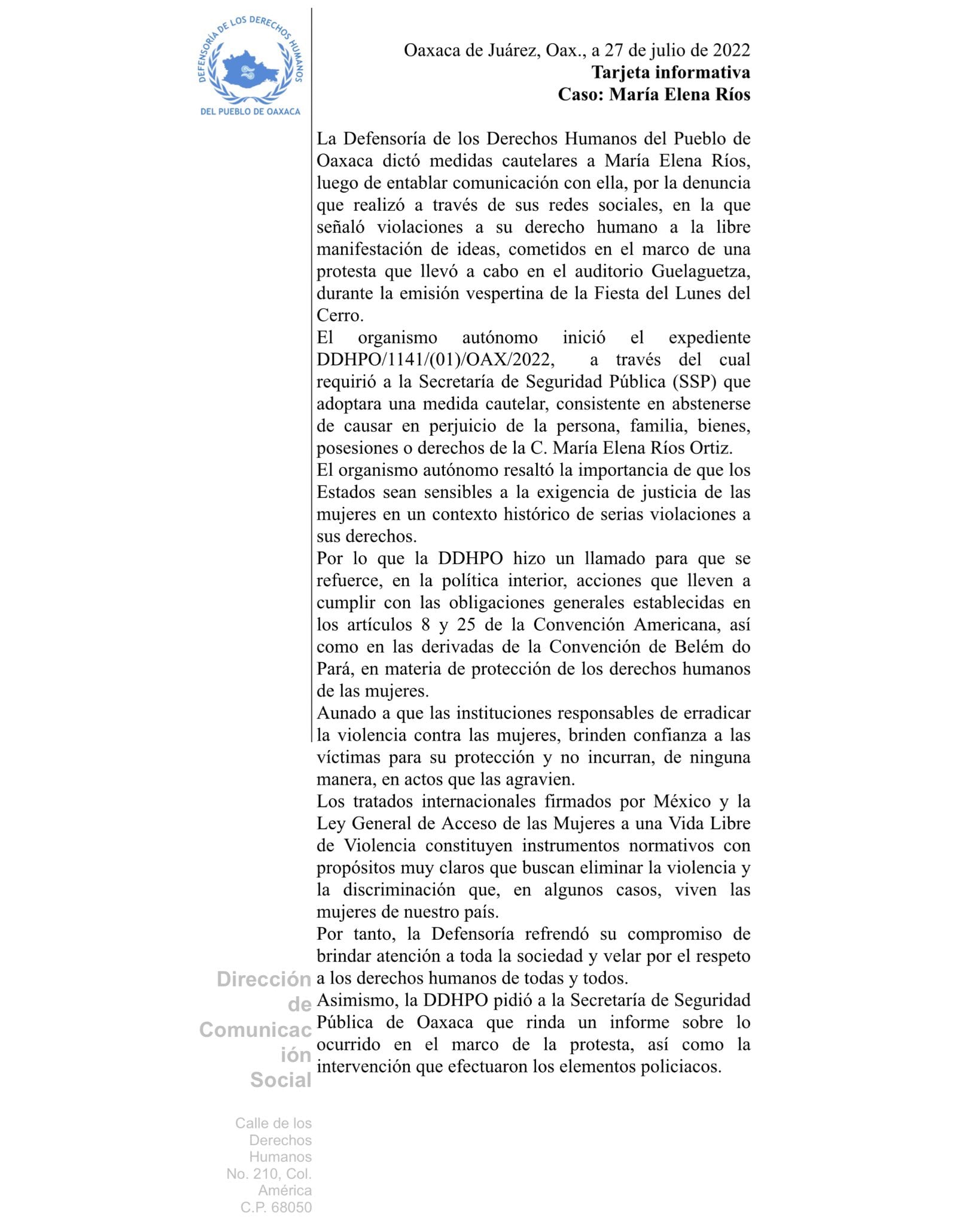 Defensoría de Oaxaca inicia expediente por María Elena Ríos