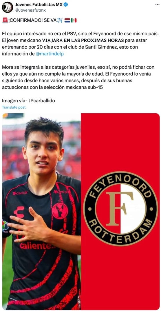 Gilberto Mora entrenará con el Feyenoord.