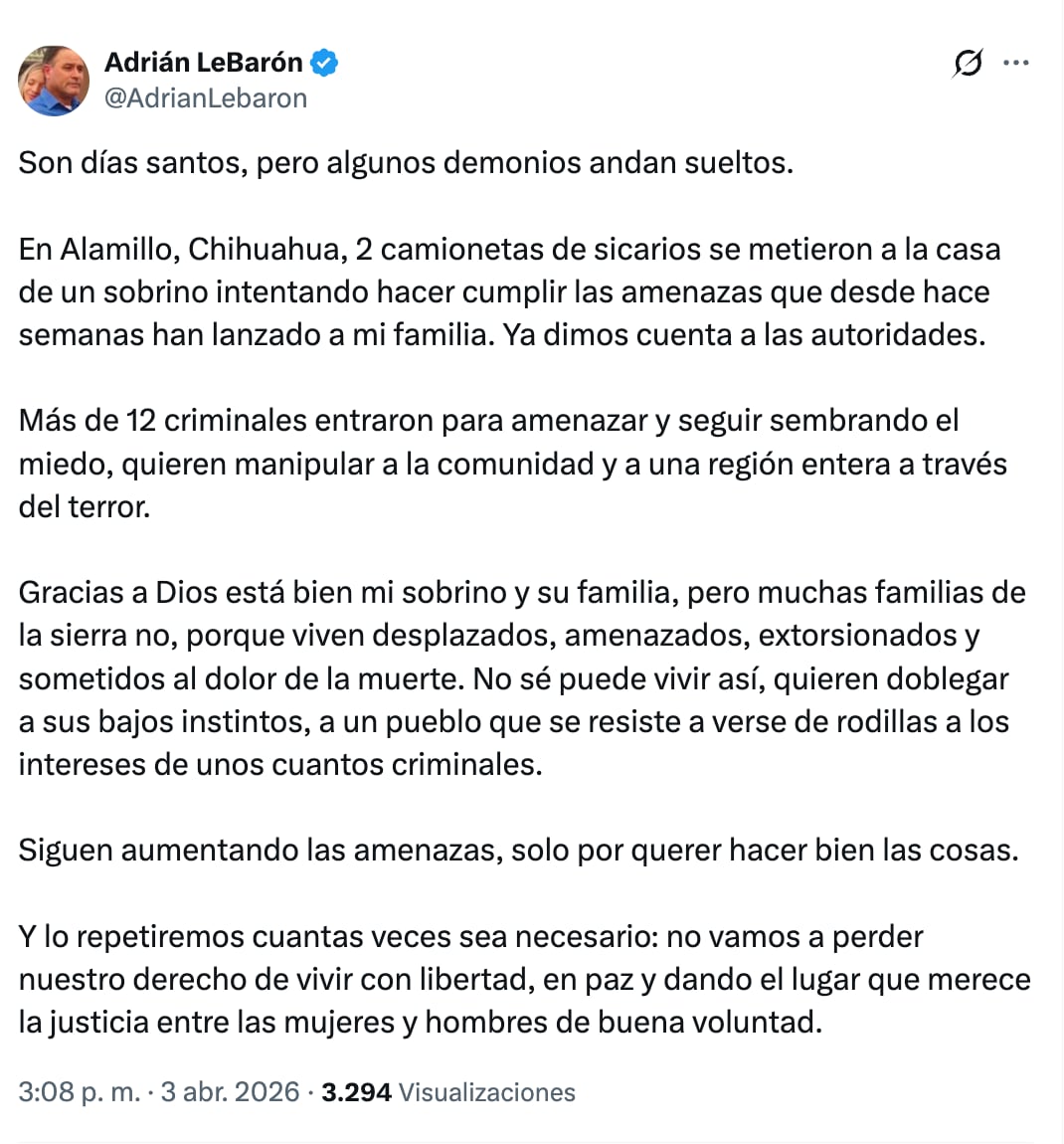 Julián LeBarón denuncia intento de ataque contra su familia