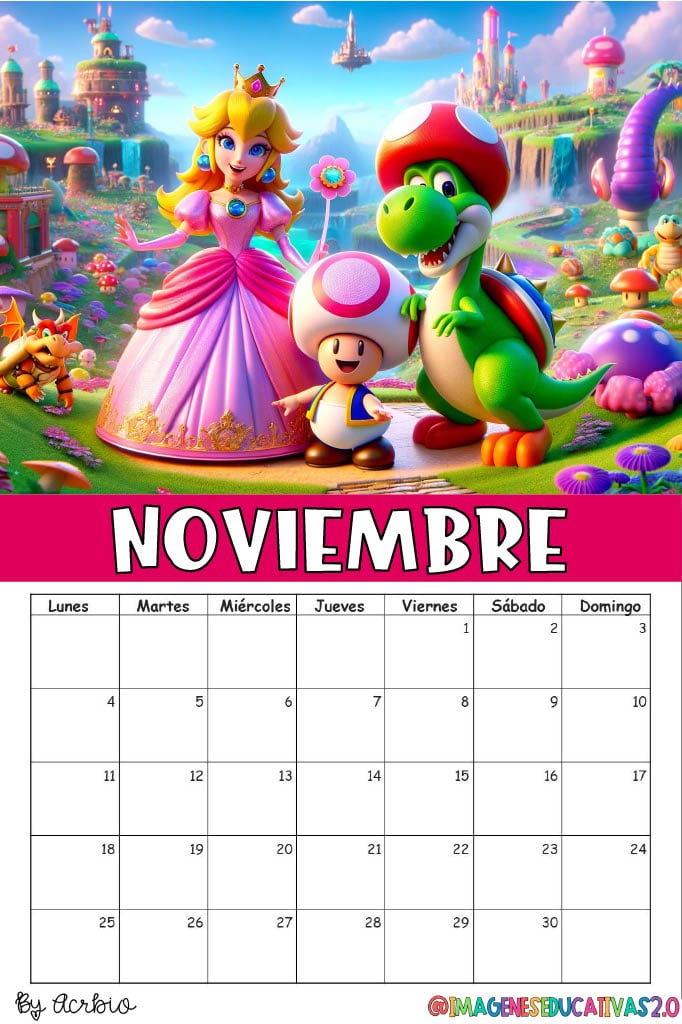 Calendario de Mario Bros 2024: Plantilla para editar e imprimir