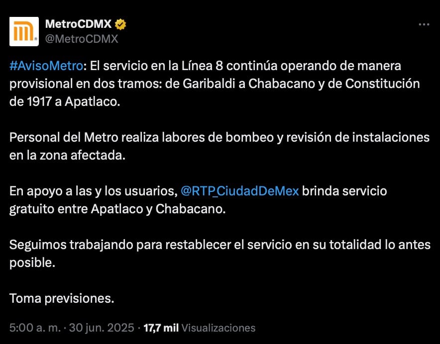 Línea 8 del Metro CDMX registra afectaciones hoy 30 de junio