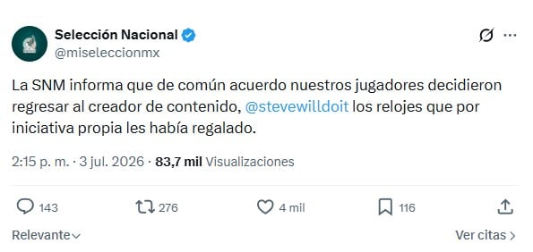 La Selección Mexicana regresará los Rolex que Steve Will Do It le regaló