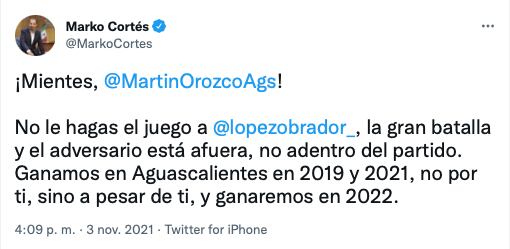 tuit de confrontación entre Martín Orozco y Marko Cortés/captura de pantalla de Twitter