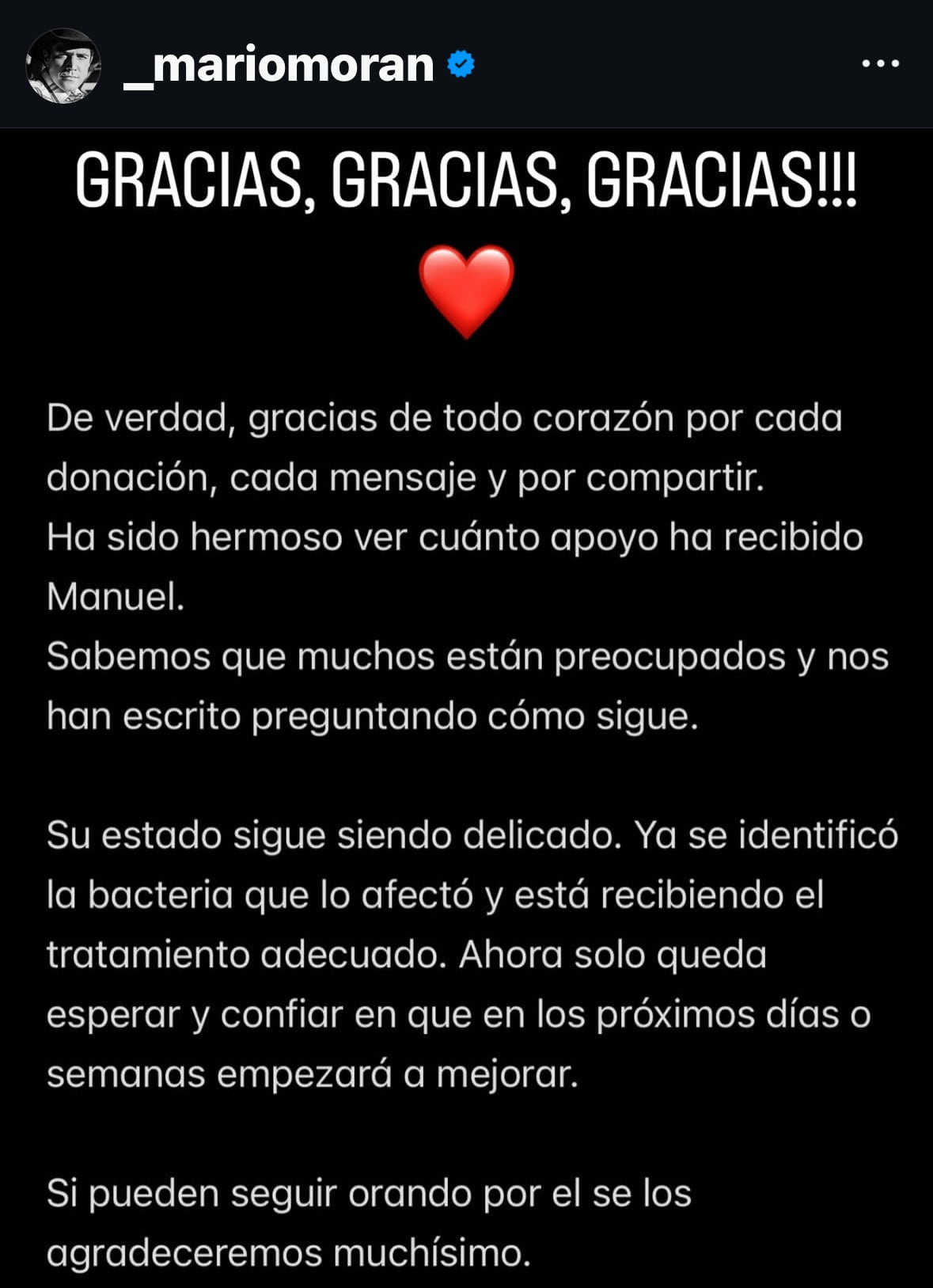 Comunicado de Mario Morán sobre la salud de Manuel Masalva.