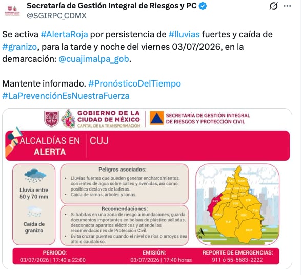 Alerta roja en Cuajimalpa por lluvias fuertes del 3 de julio 2026