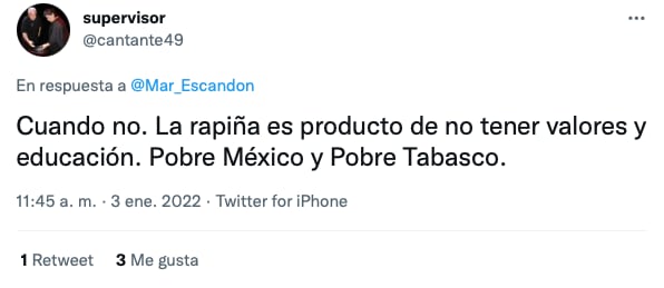 opinión de usuario en Twitter sobre saqueo de tráiler en Tabasco