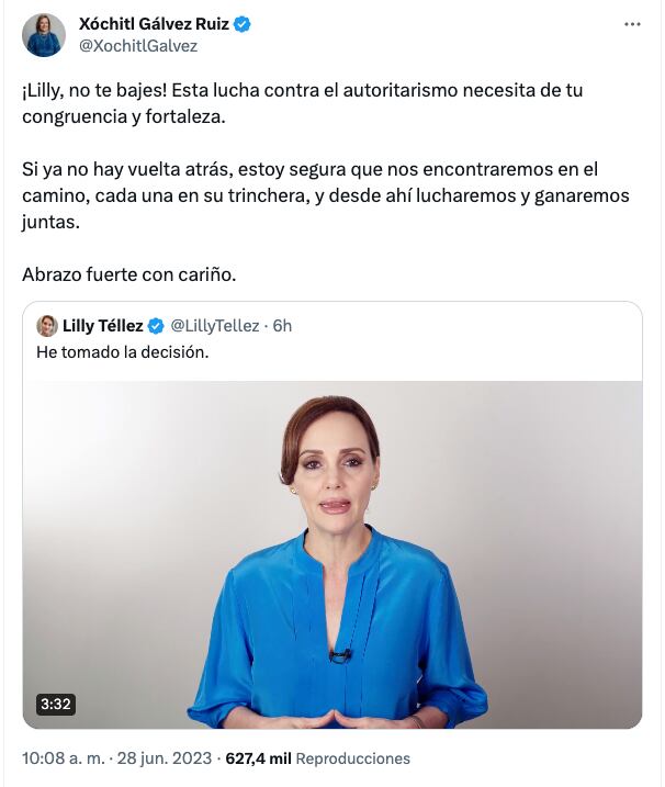 Xóchitl Gálvez pide a Lilly Téllez seguir en la contienda de Va por México