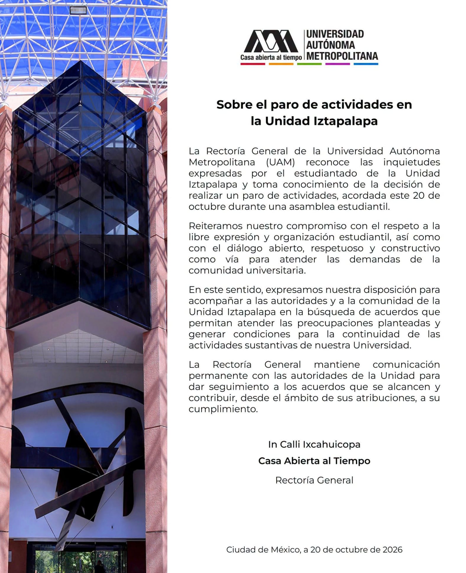 La Universidad Autónoma Metropolitana reconoce paro de labores de la Unidad Iztapalapa