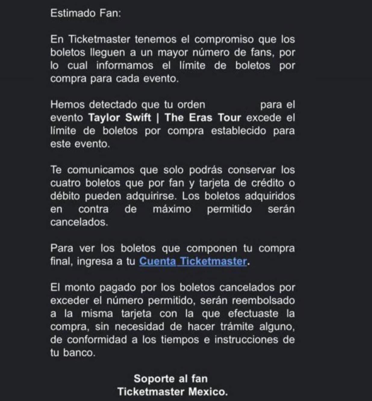 Ticketmaster está cancelando boletos excendentes para ver a Taylor Swift en México