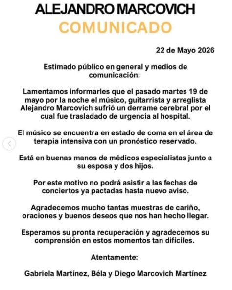 Alejandro Marcovich está en coma tras sufrir derrame cerebral