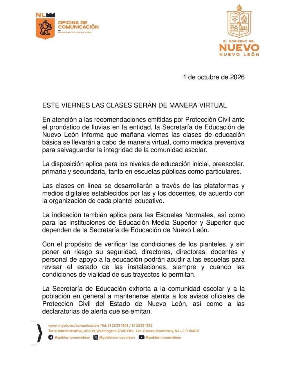 Nuevo León tendrá clases en línea este viernes 2 de octubre por lluvias