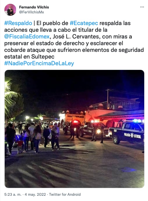 Tuit de Fernando Vilchis alcalde de Ecatepec condenando los ataques/Twitter