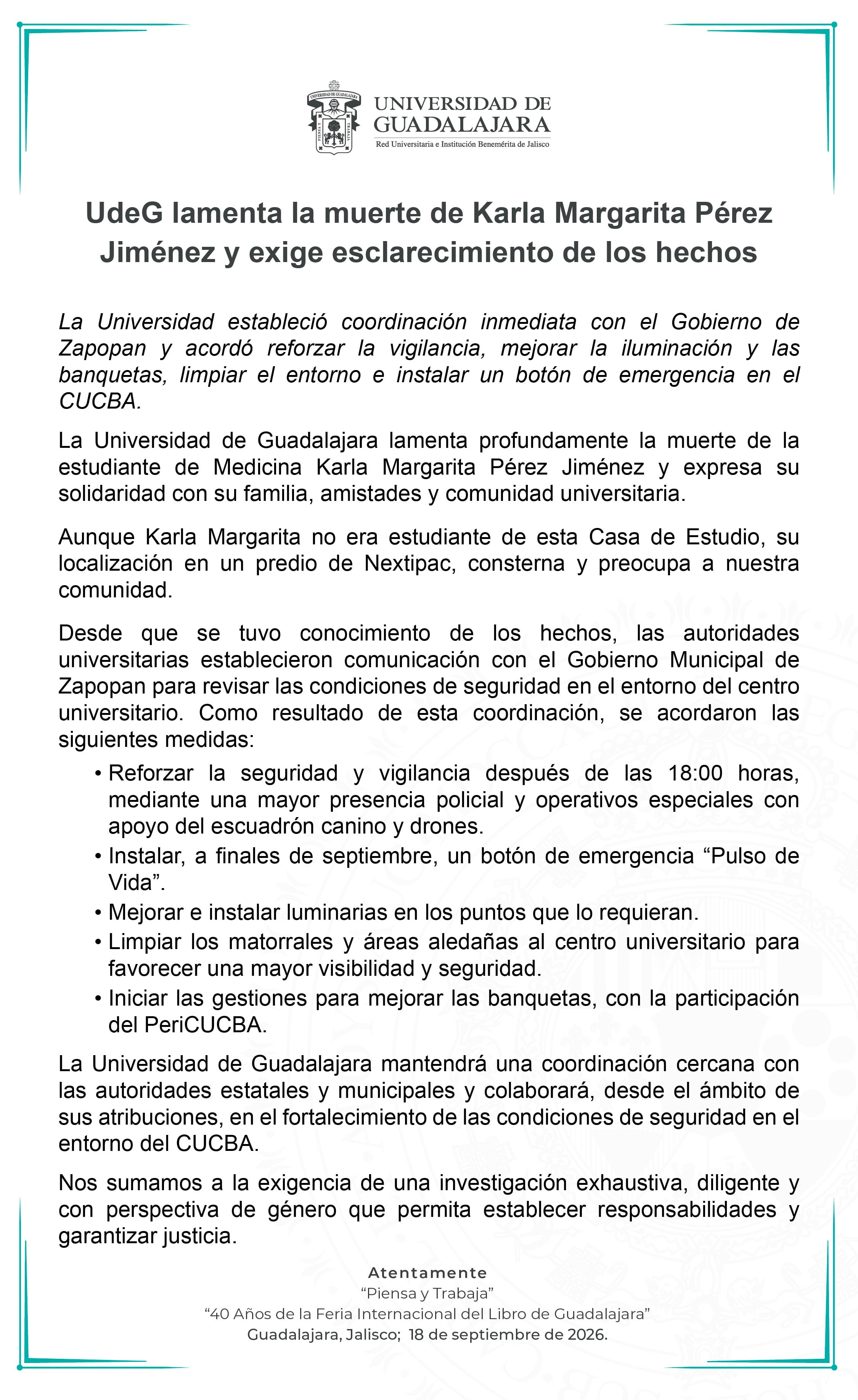 Universidad de Guadalajara exige justicia para Karla Margarita y pide esclarecer su muerte
