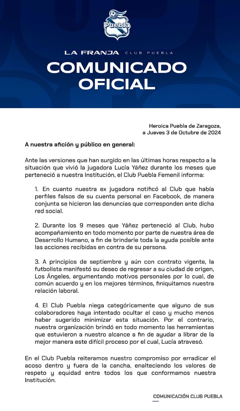 Postura del Puebla del caso de Lucía Yáñez