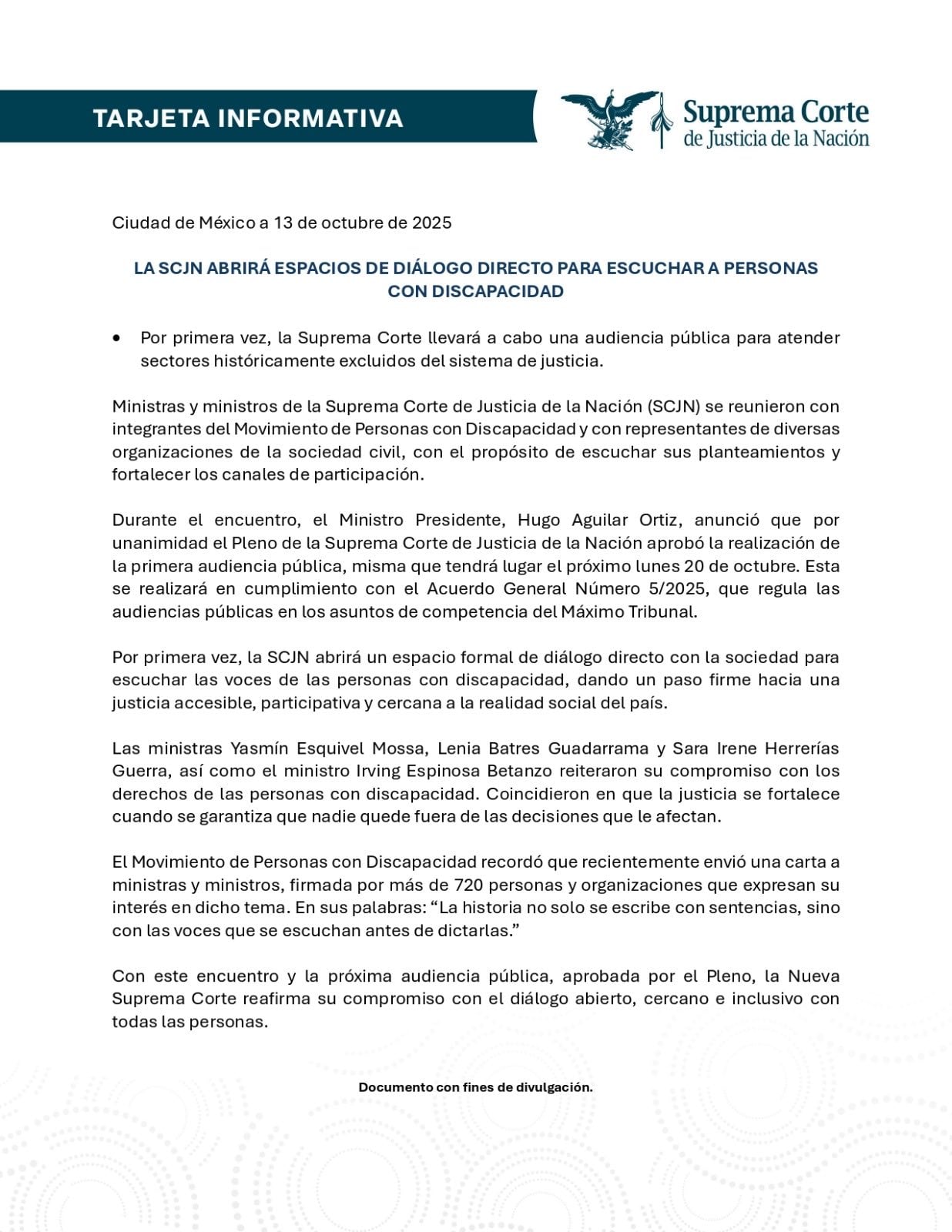 SCJN celebrará su primera audiencia pública el 20 de octubre