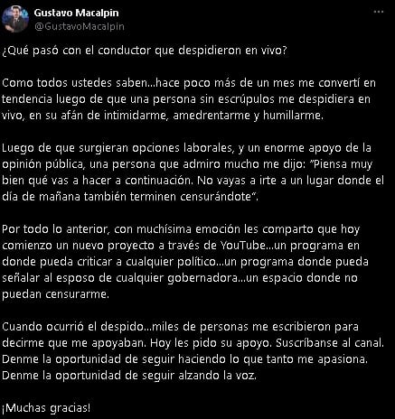 Gustavo Macalpin anuncia su nuevo trabajo.