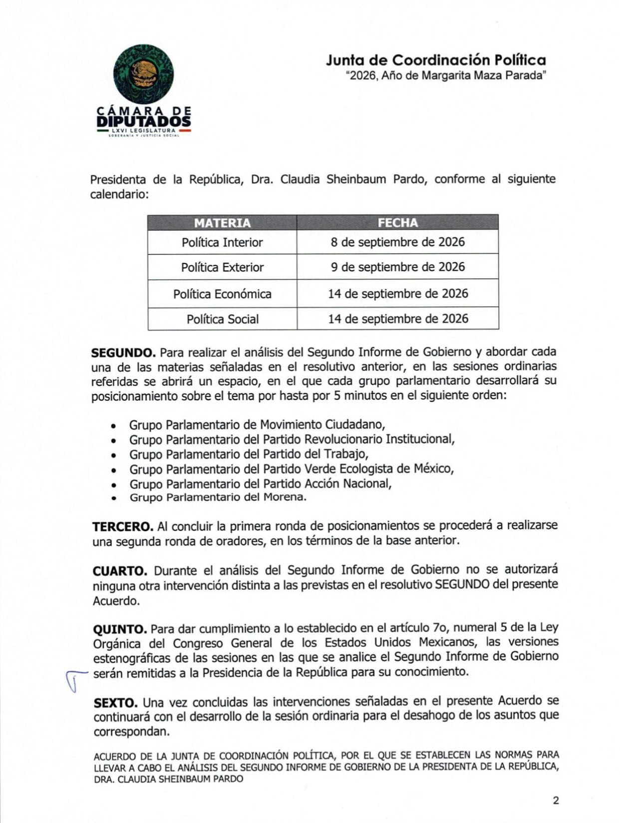 Cámara de Diputados aprueba fechas para el desglose del Segundo Informe de Gobierno de Claudia Sheinbaum