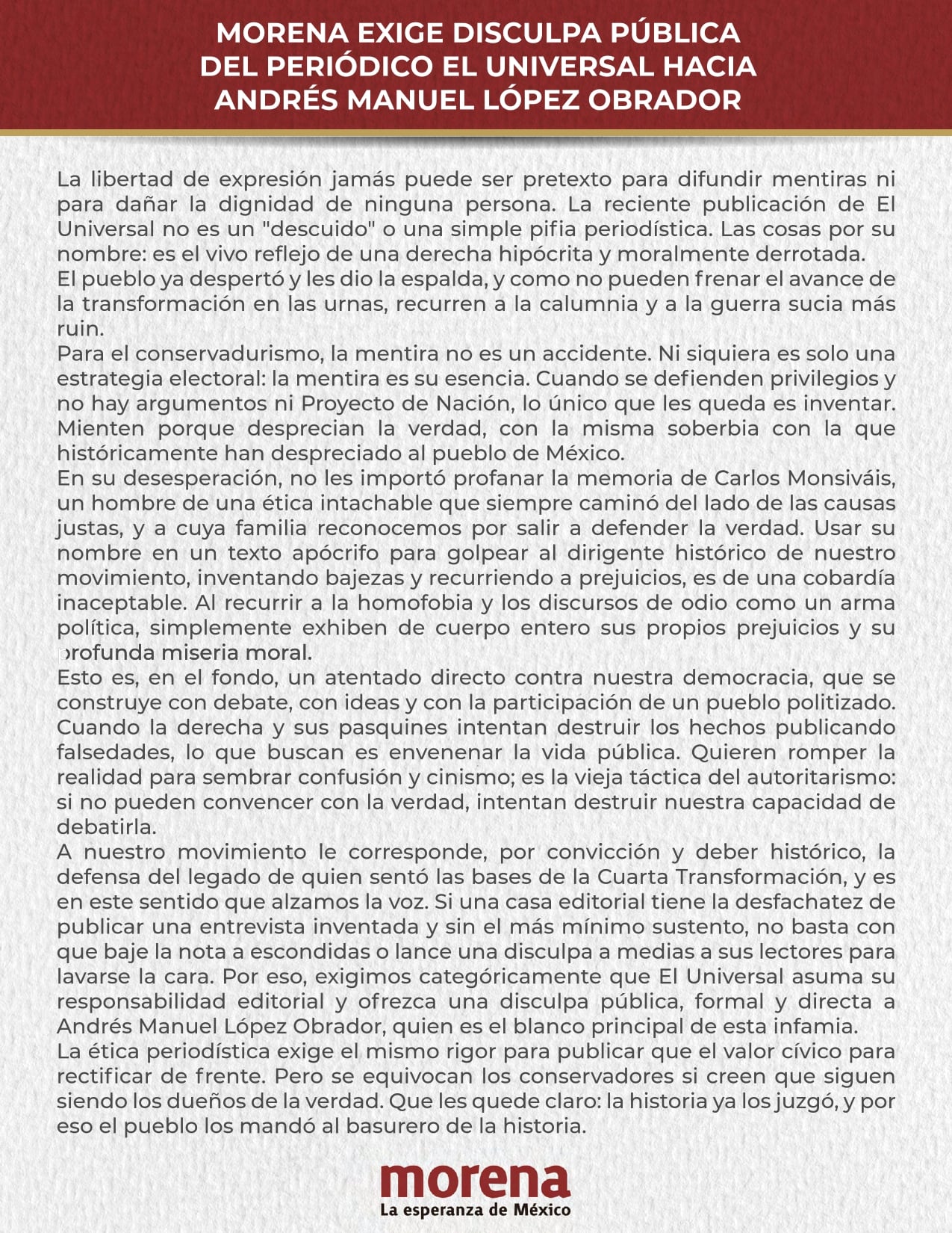 Morena reclama disculpa pública de El Universal hacia AMLO