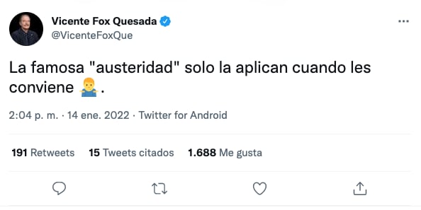 Vicente Fox dice que la austeridad se aplica cuando les conviene