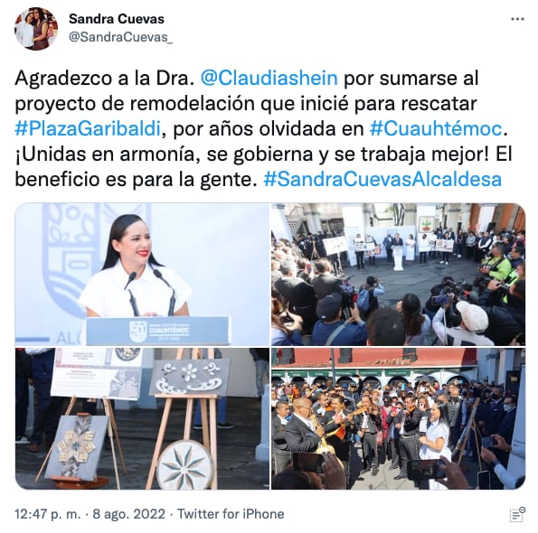 Sandra Cuevas pide a Claudia Sheinbaum trabajar juntas para Plaza Garibaldi