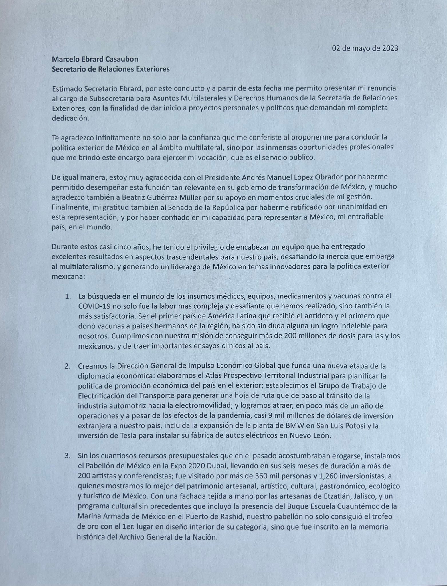 La carta de Martha Delgado al presentar su renuncia a la SRE
