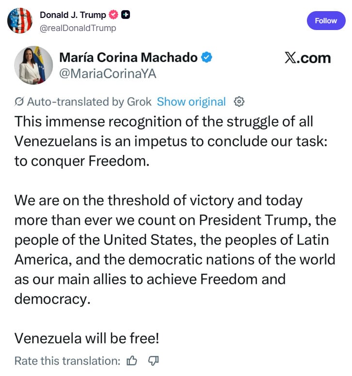 Donald Trump muestra su apoyo a María Corina Machado