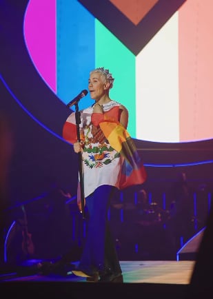 Christian Chávez muestra bandera de México LGBT en concierto de RBD.